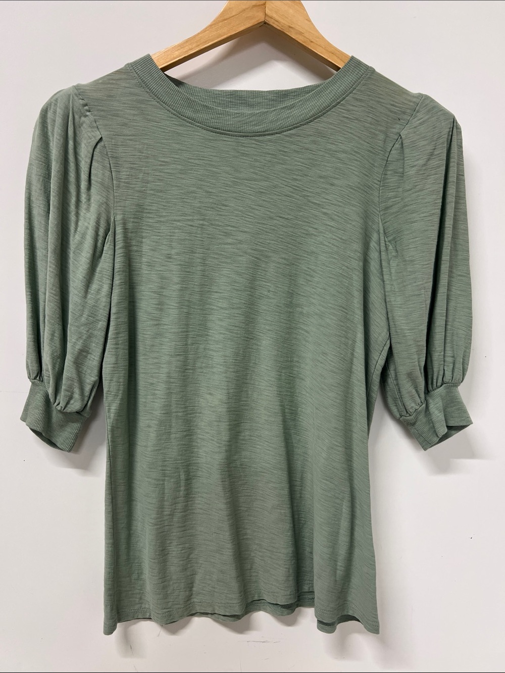 Nation LTD Short Sleeve T Shirt, Banded Puff Sleeve, XS, Green, 100% Cotton